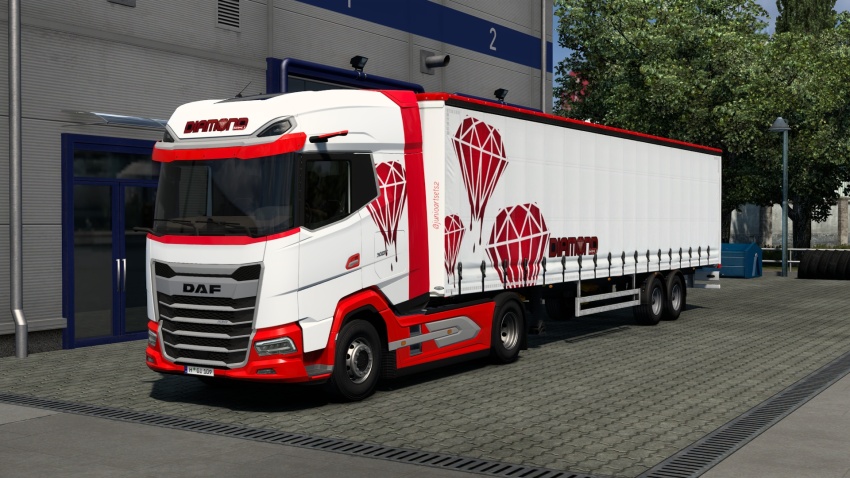 ETS2 - Skins Diamond Red Daf 2021 XG+ & SCS Trailer Curtainsider V1.57