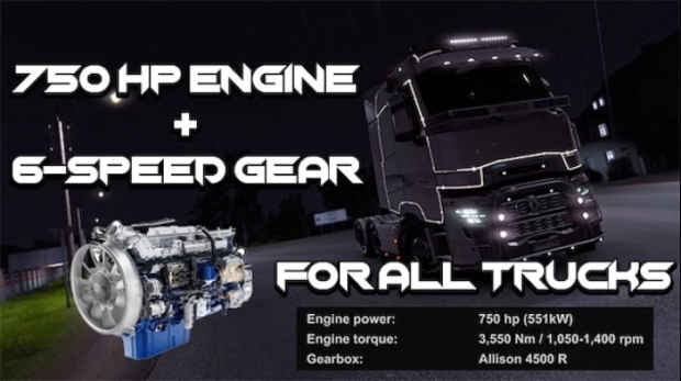 ETS2 - 750HP + 6 Speed For All Trucks V2.2