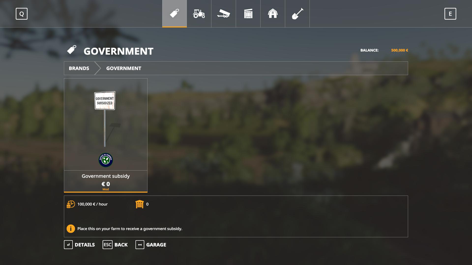 FS19 - Government Subsitity V1.0.1