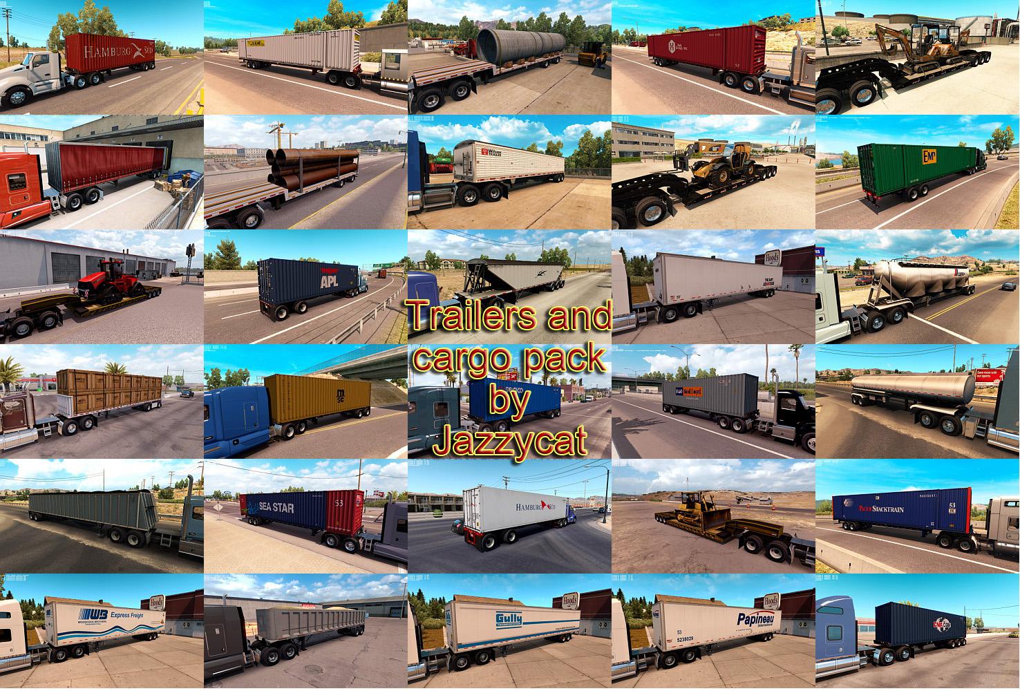 Мод пак 2. Ets2 Trailers_and_Cargo_Pack_by_Jazzycat_v3.3. American Truck Simulator 1.39 прицеп. American Truck Simulator моды прицепы. Euro Truck Simulator 2 Trailers and Cargo Pack.