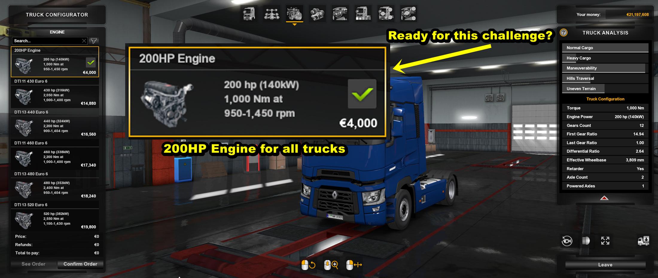 ETS2 - 200 HP Engines for All Trucks (1.36.x)
